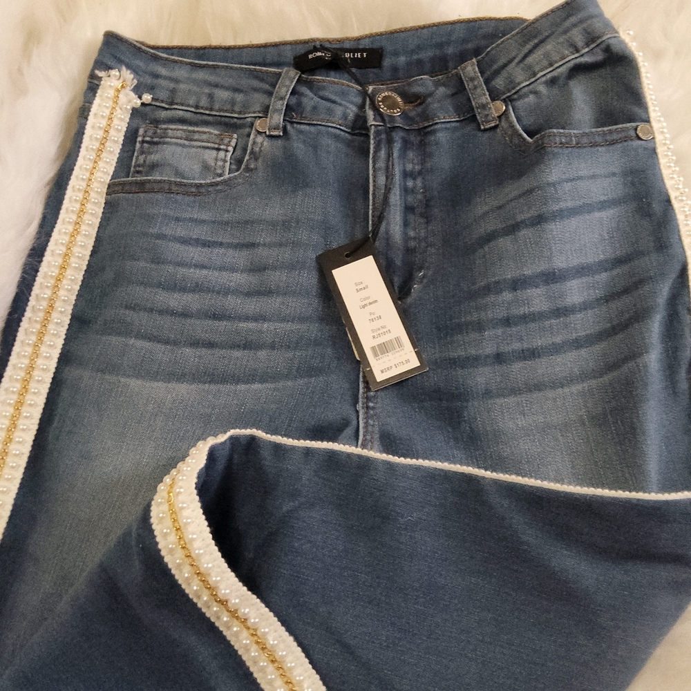Blue and White Straight Leg Jeans with Twill Texture
